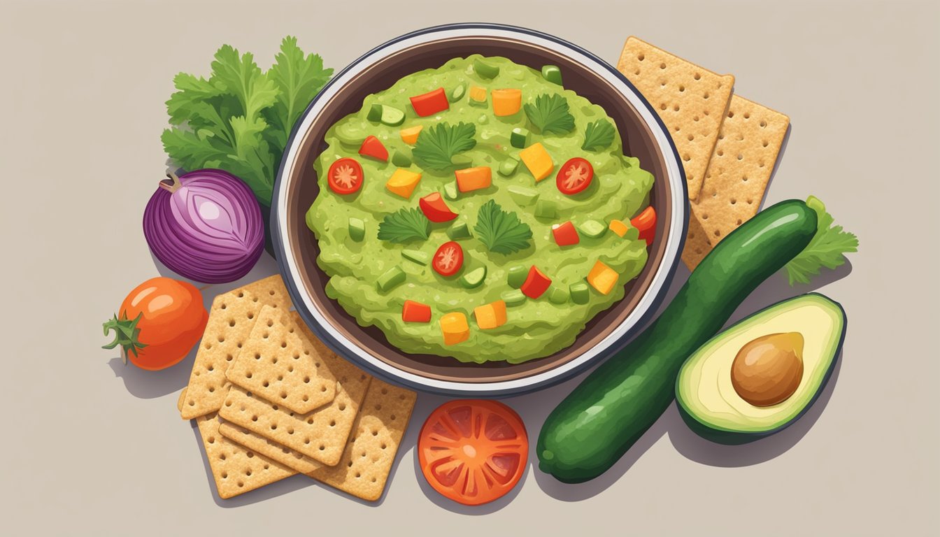 A bowl of guacamole surrounded by colorful vegetables and whole grain crackers