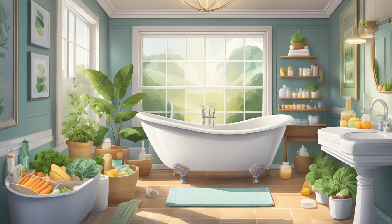 A serene bathroom with a tub filled with epsom salt, surrounded by healthy food options and lifestyle items