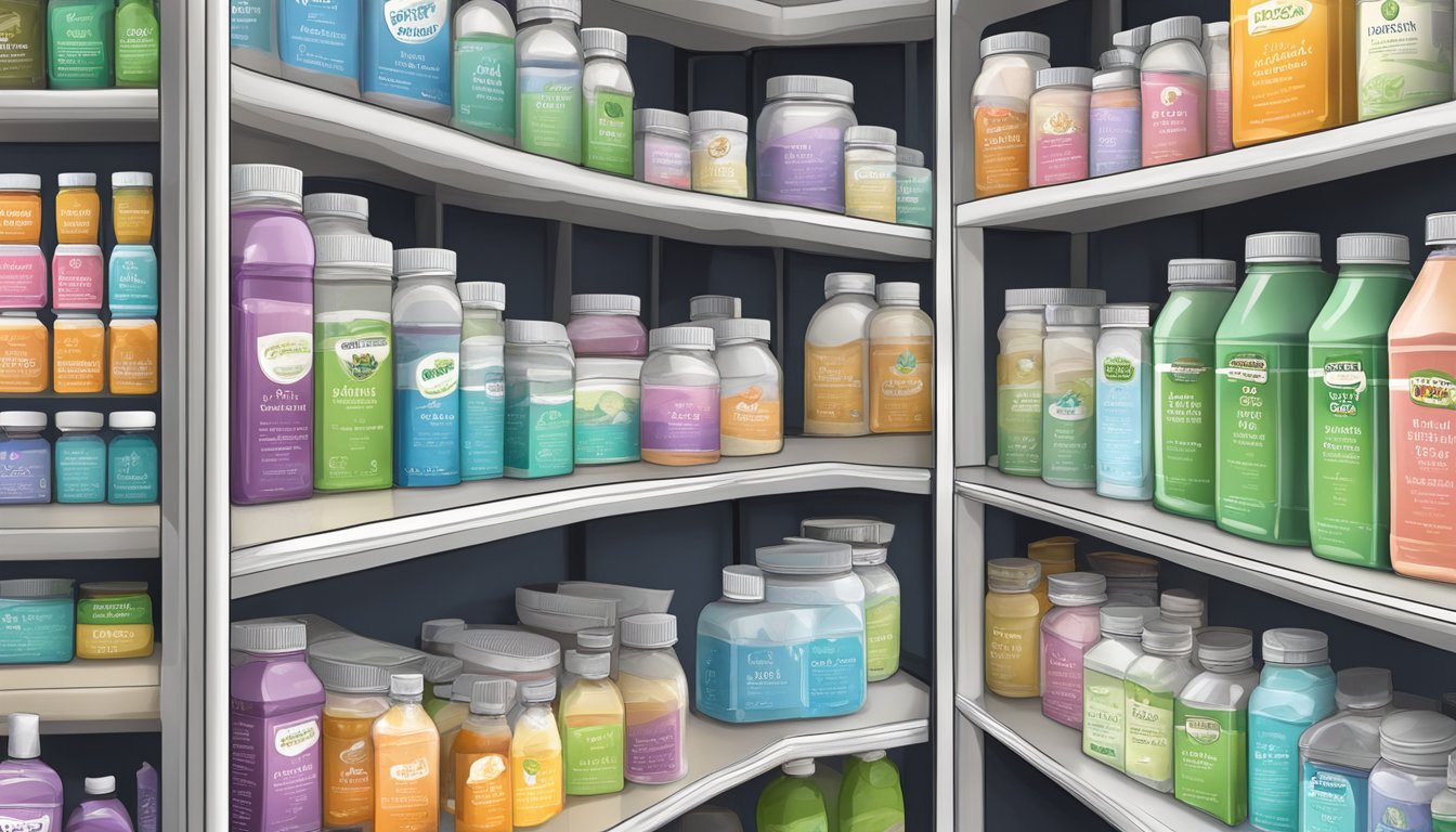 A variety of Epsom salt products displayed on shelves with labels indicating healthy options