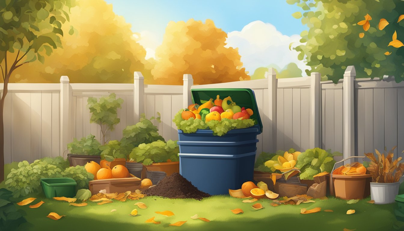 A sunny backyard with a compost bin, shovel, and various organic waste materials such as fruit peels, vegetable scraps, and dried leaves