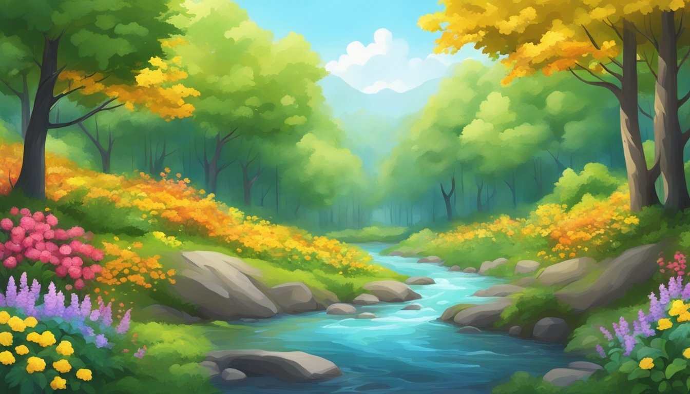 A serene forest with a flowing river, surrounded by vibrant greenery and colorful flowers, with a prominent berberine plant in the center