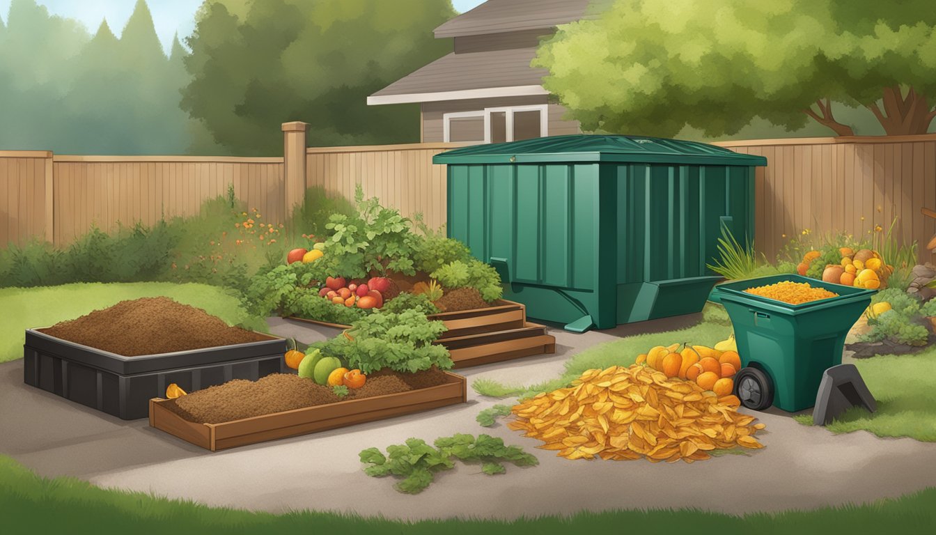 A backyard composting system with a bin, shovel, and various organic materials like fruit peels and grass clippings in Santa Clara, CA