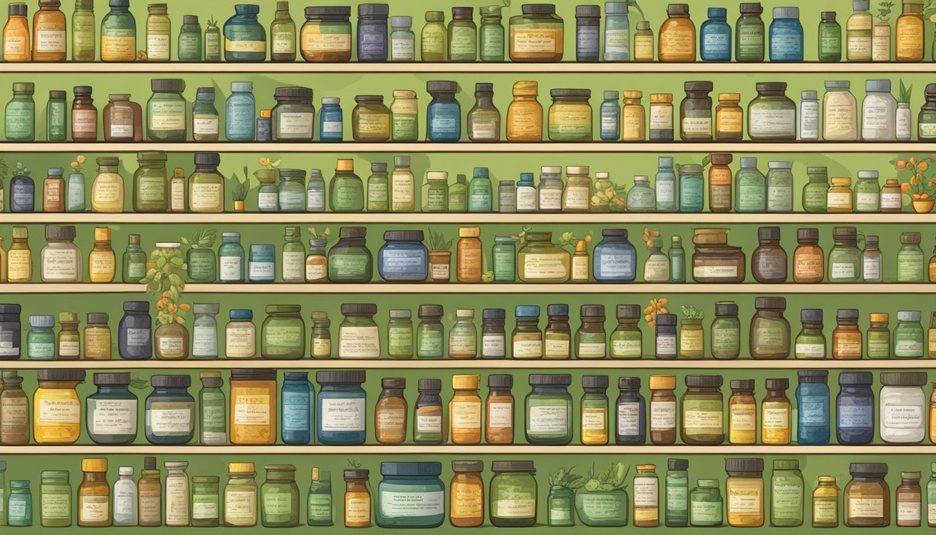 A variety of berberine supplement bottles displayed on a shelf, surrounded by natural herbs and ingredients