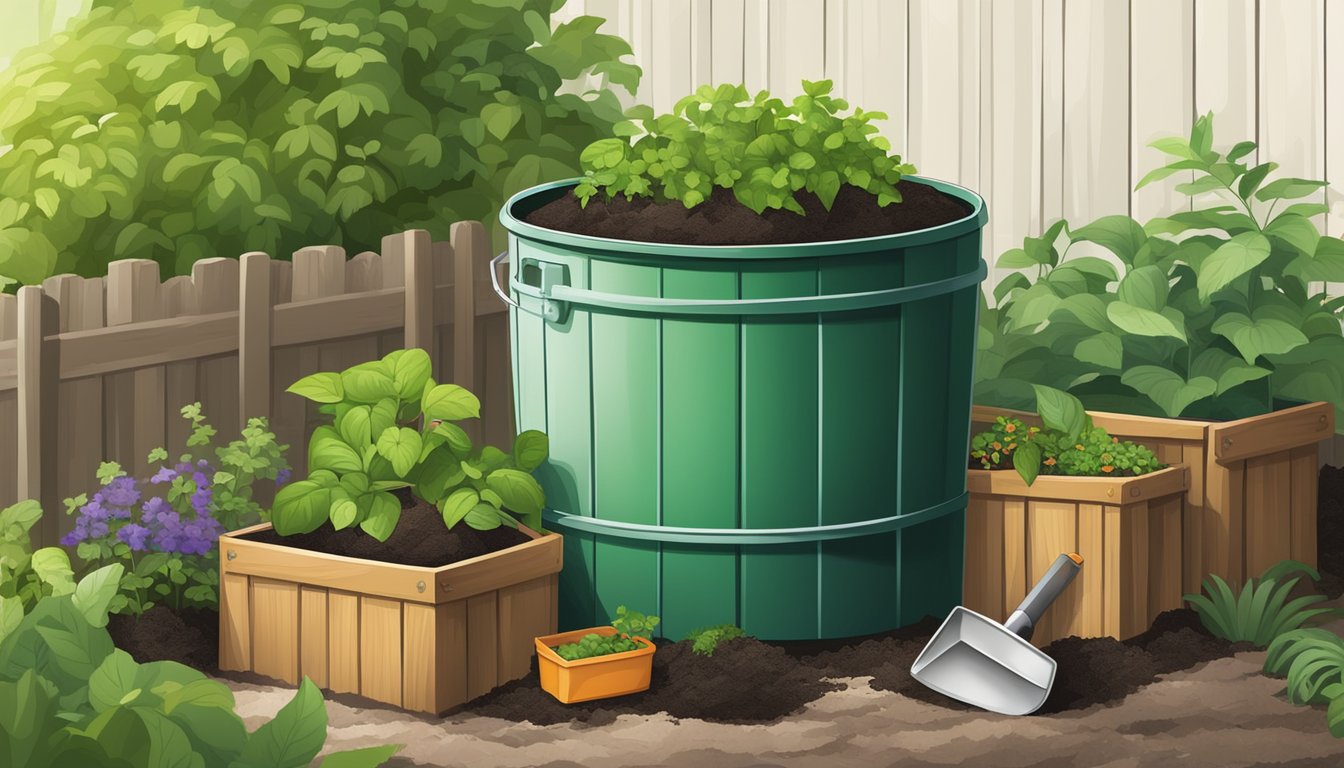 A backyard compost bin surrounded by green plants, with a shovel and bucket nearby