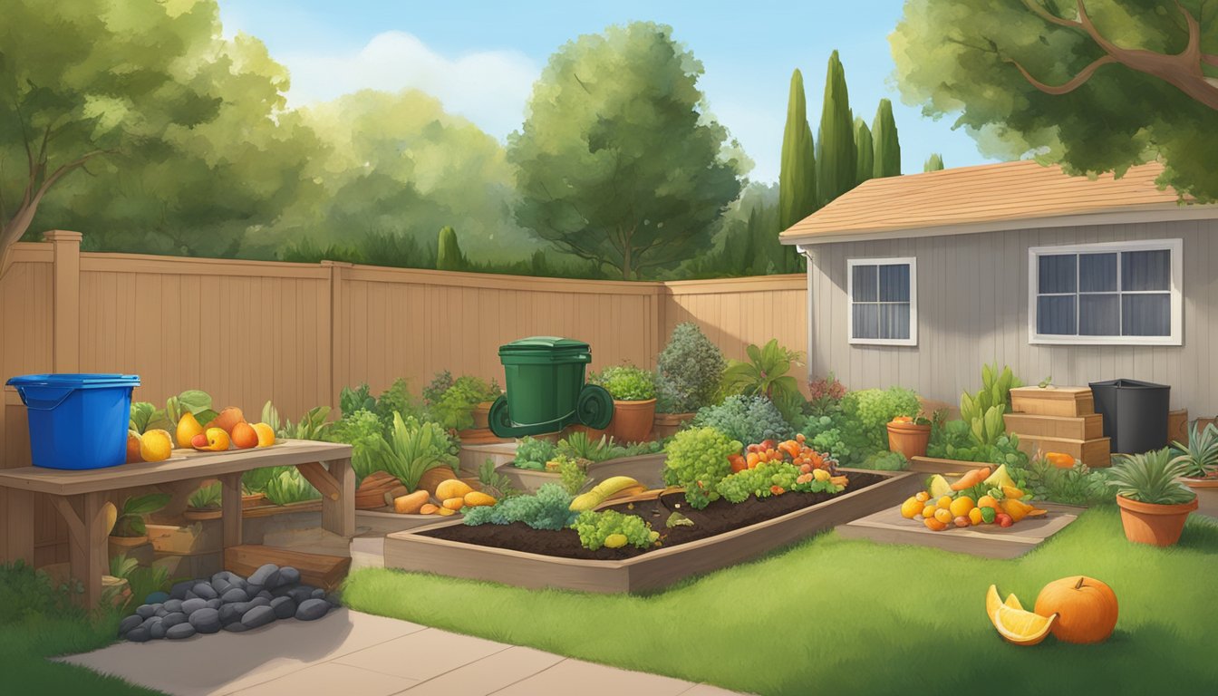 A backyard in Santa Maria, CA with a compost bin, garden tools, and a variety of organic waste such as fruit peels and grass clippings