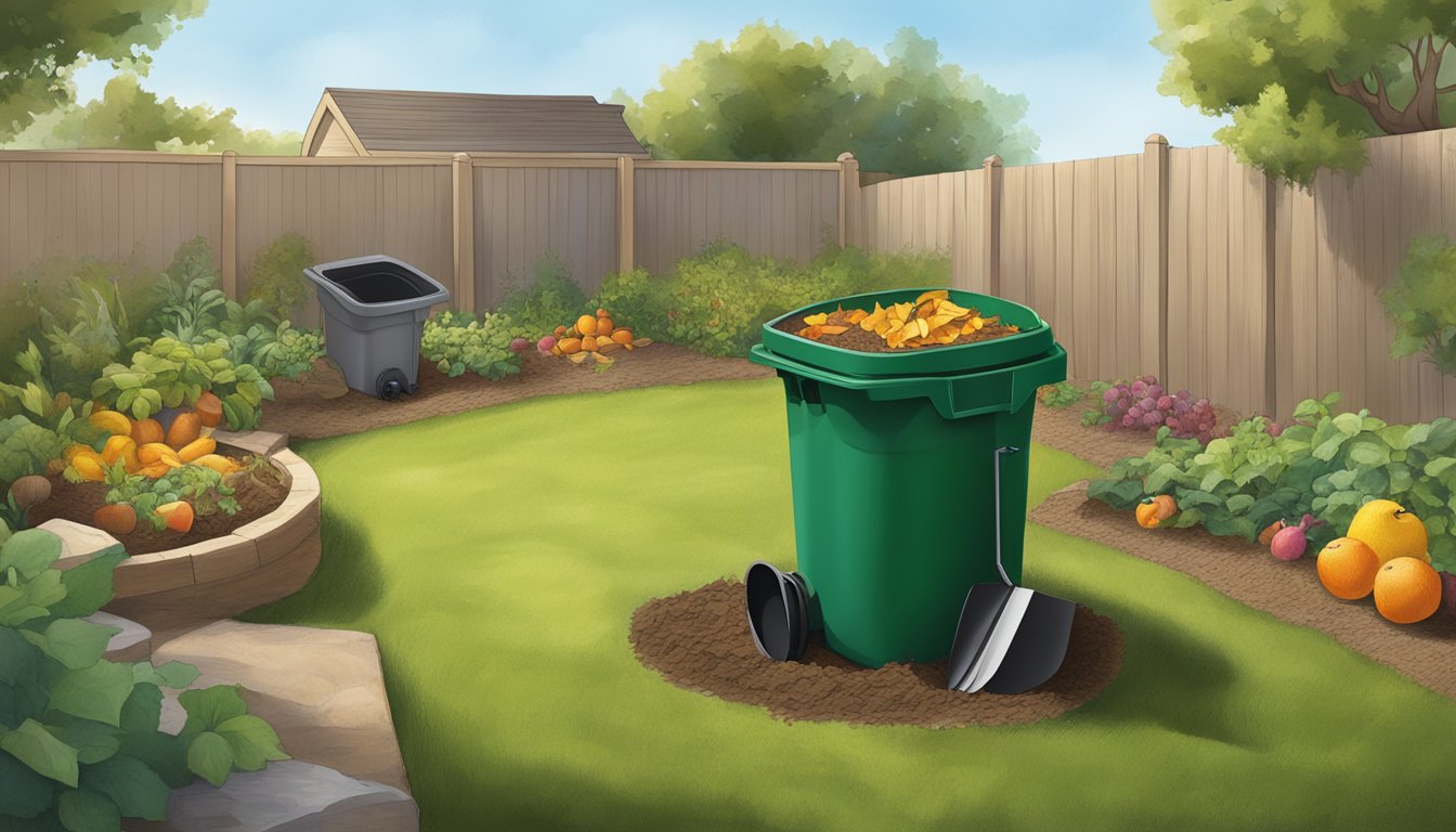 A backyard in Santa Maria, CA with a compost bin, shovel, and various organic materials such as fruit peels and yard waste