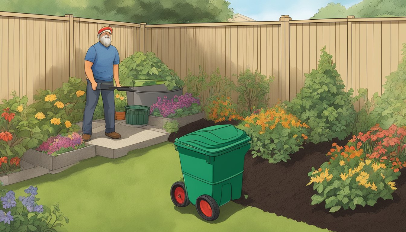 A sunny backyard with a compost bin, green garden waste, and a person turning the compost pile. The Santa Clara Residents Guide to Composting is displayed nearby