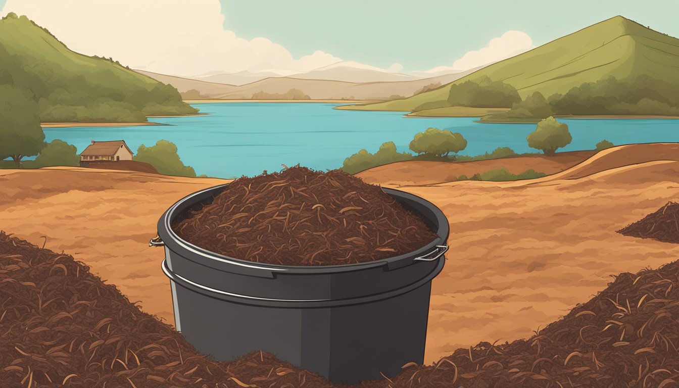 A pile of organic waste surrounded by red worms in a composting bin, with the Santa Maria, CA landscape in the background