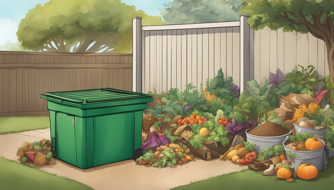 A backyard compost bin surrounded by a variety of food scraps and yard waste, with a sign nearby indicating "Santa Clara Waste Reduction Guide."