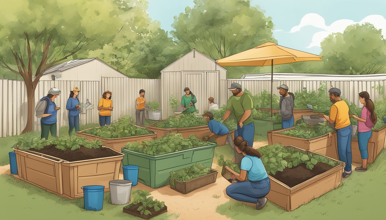 A group of people attending a composting workshop in a community garden, surrounded by bins, tools, and informational resources