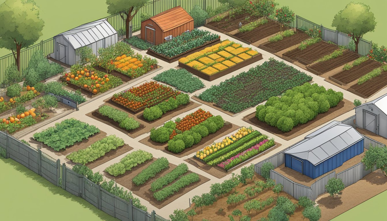 A lush garden with various composting bins and piles surrounded by fruit trees and vegetable beds in Santa Maria, CA