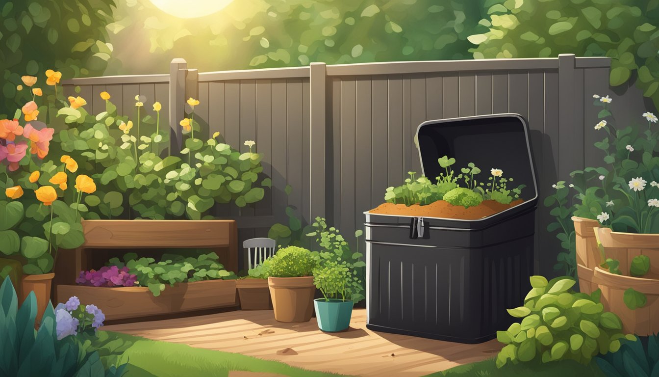 A lush garden with a compost bin, surrounded by various organic materials and gardening tools. The sun is shining, and there are small plants sprouting from the rich, dark compost