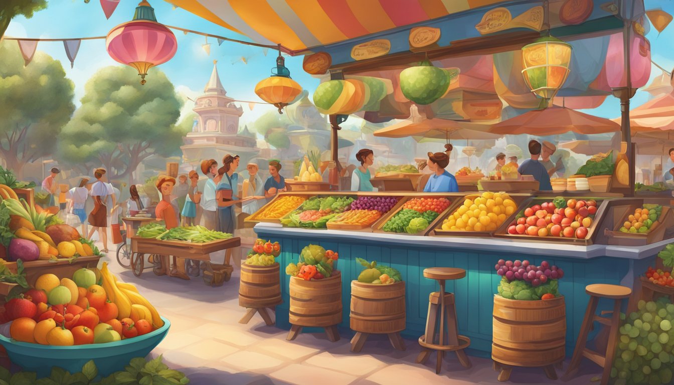 A colorful array of fresh fruits, salads, and grilled meats displayed at a vibrant food stand in Disneyland, surrounded by happy families and iconic attractions