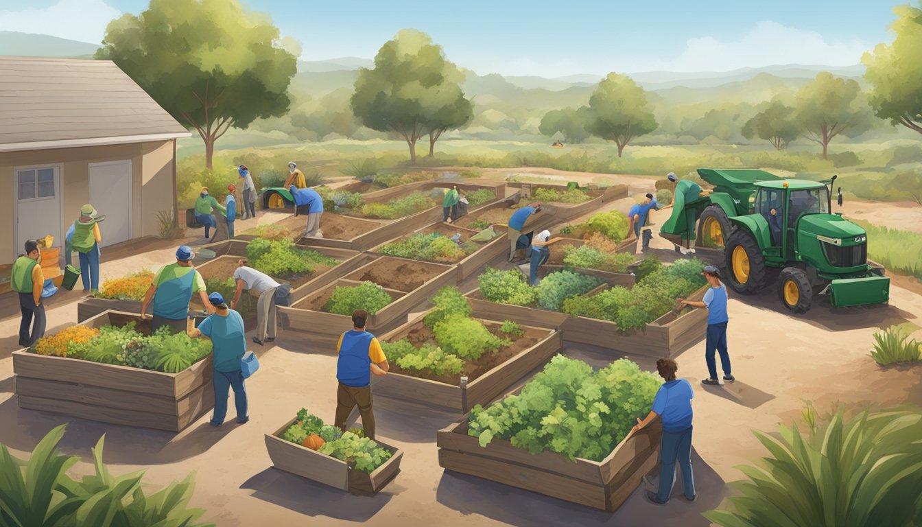 A group of volunteers and local residents work together to build and maintain a community composting site in Santa Maria, California, surrounded by lush greenery and thriving wildlife