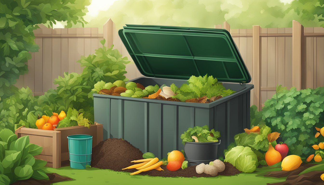 A backyard compost bin surrounded by greenery and various organic materials such as fruit and vegetable scraps, leaves, and grass clippings