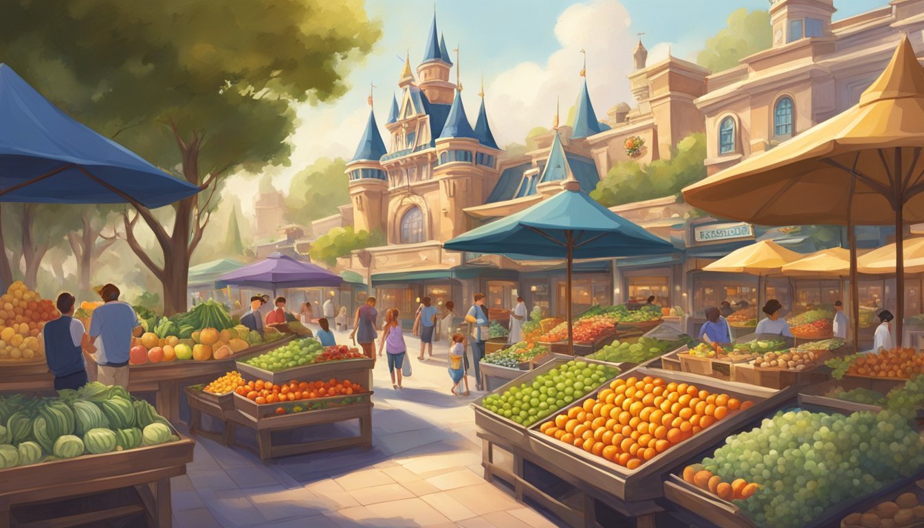 Colorful fruit and vegetable stands line the bustling walkways of Disneyland, offering fresh and healthy alternatives to classic park favorites