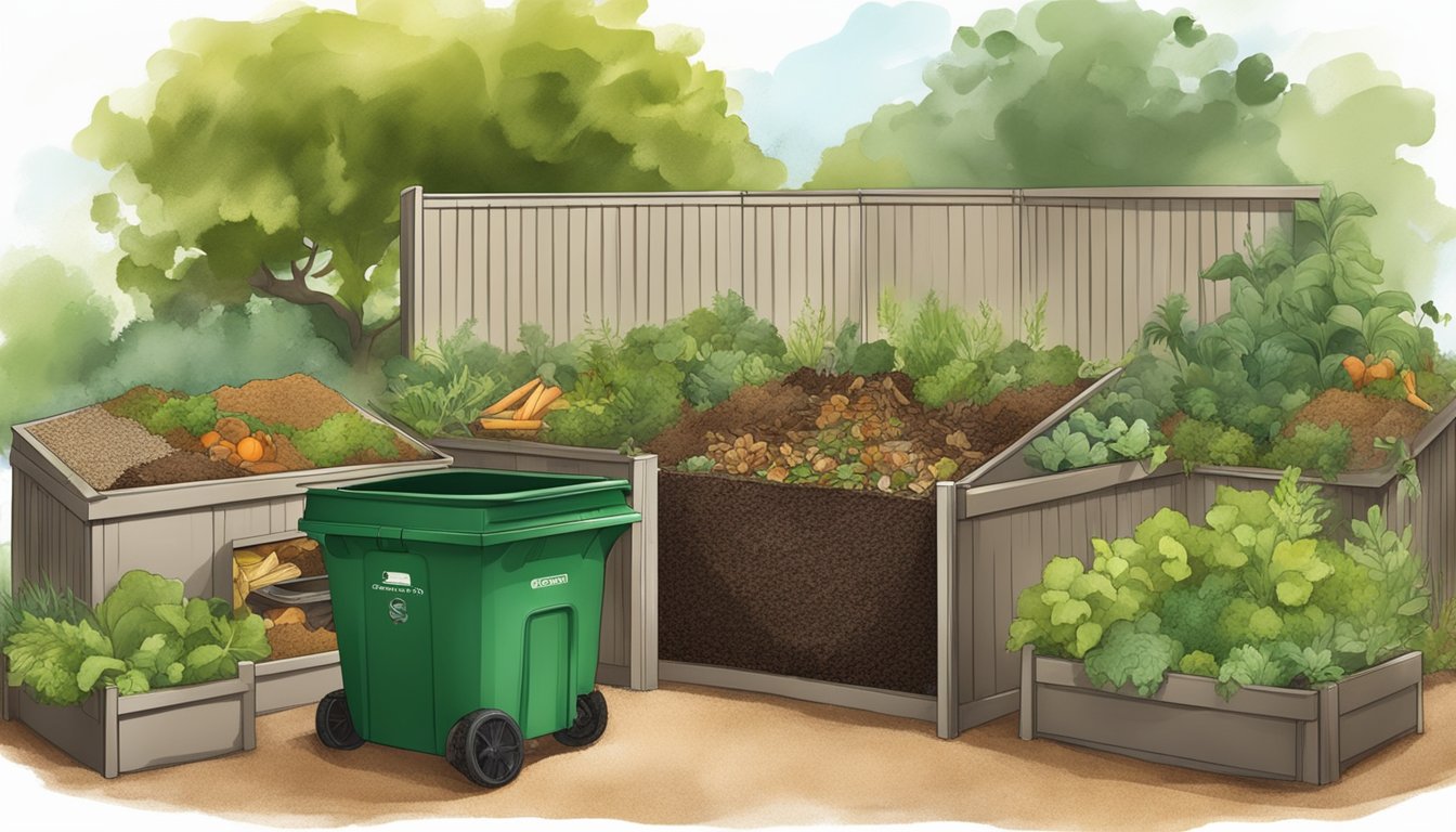 A backyard compost bin filled with kitchen scraps and yard waste in Santa Rosa, CA. Brown and green materials layered inside