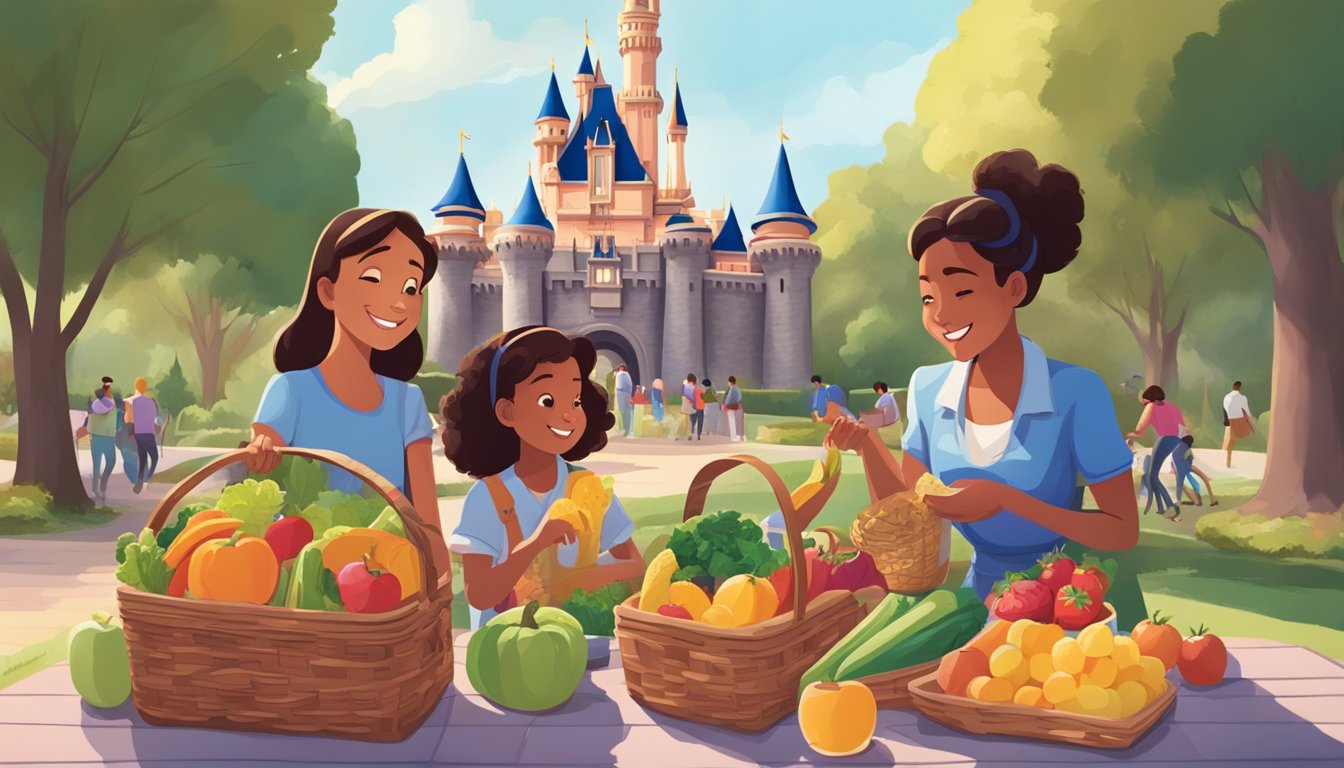 A family unpacks a picnic basket filled with fresh fruits and vegetables in front of the iconic Disneyland castle. Other park-goers admire their healthy snack choices