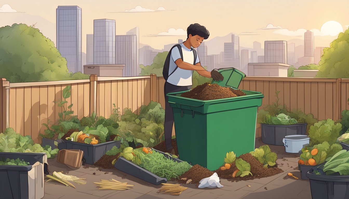 A backyard compost bin surrounded by various types of organic waste, with a person sorting and adding materials. Greenery and a cityscape in the background