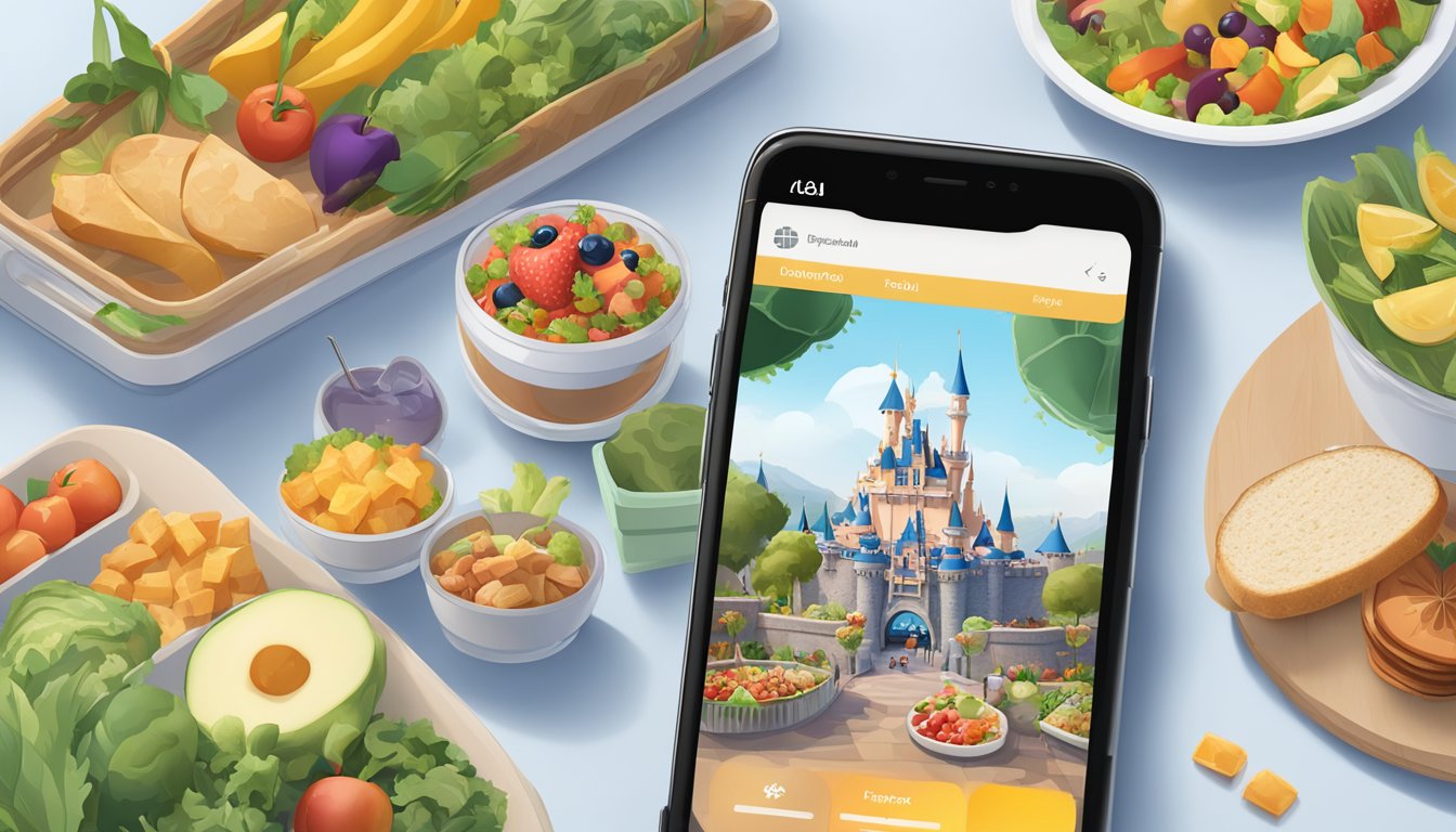 The Disneyland App displayed on a smartphone screen, surrounded by healthy food options and the iconic Disneyland castle in the background