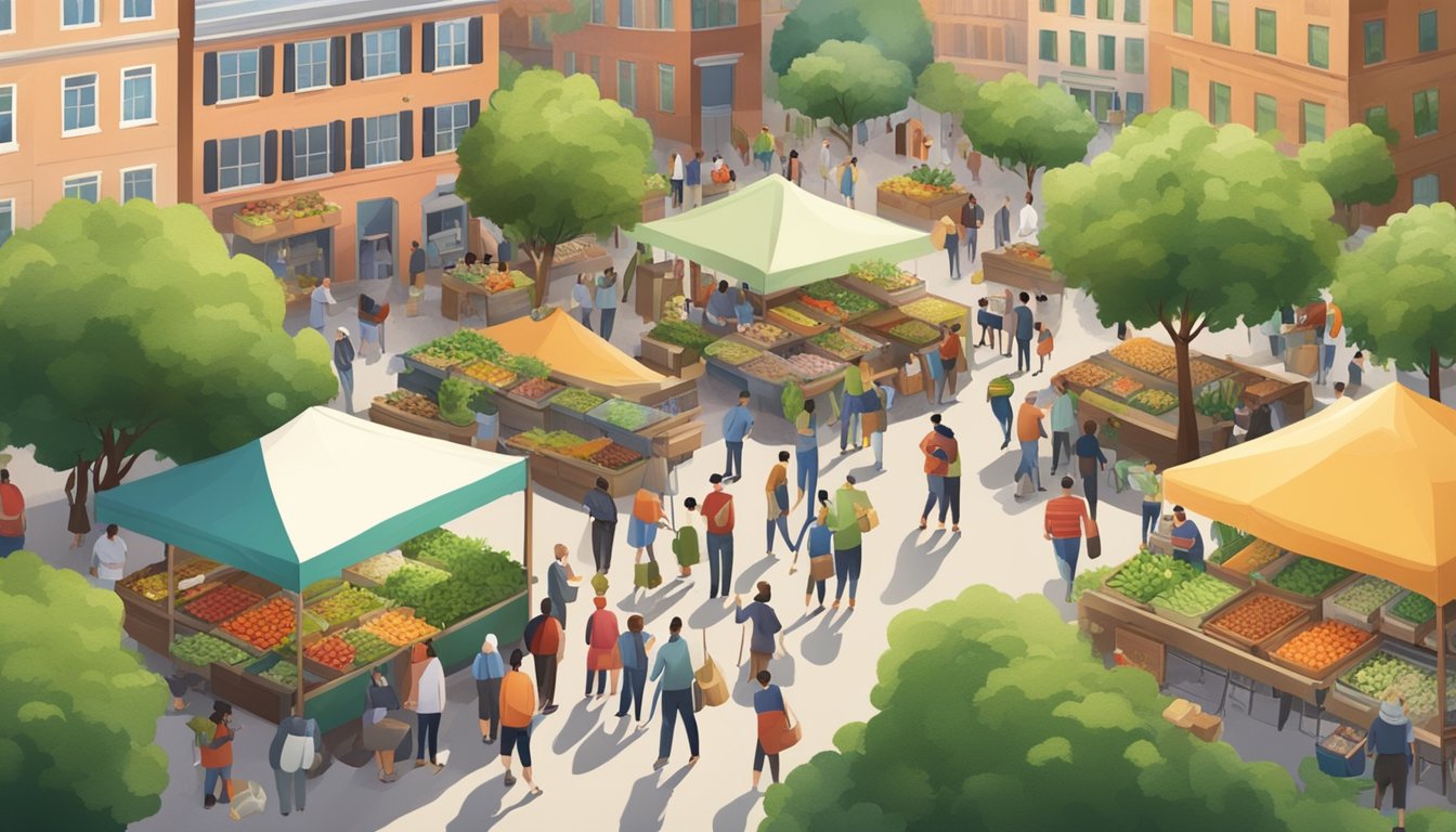 A bustling farmers' market with bins for food scraps and compostable materials, surrounded by lush greenery and a diverse group of people