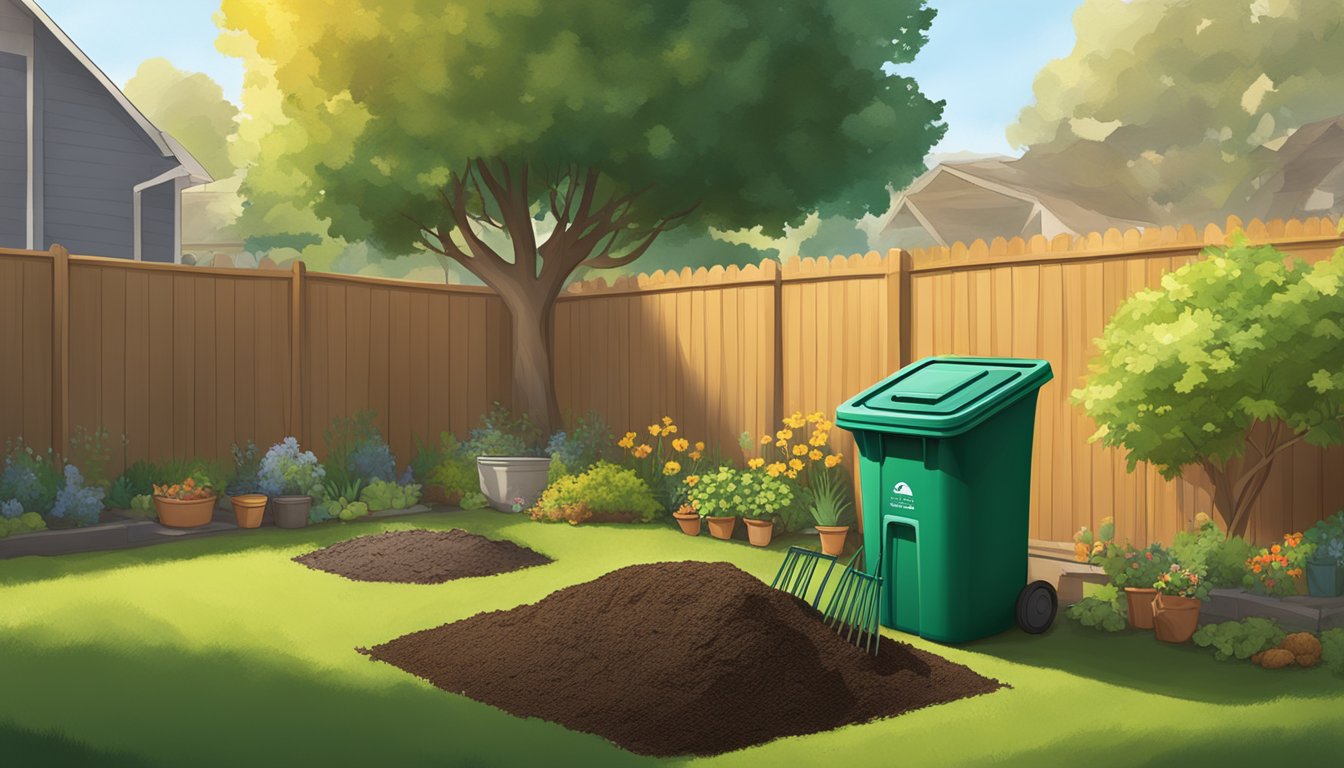 A backyard in Stockton, CA with a compost bin, a pitchfork, and various organic materials scattered around. The sun is shining, and there are trees in the background