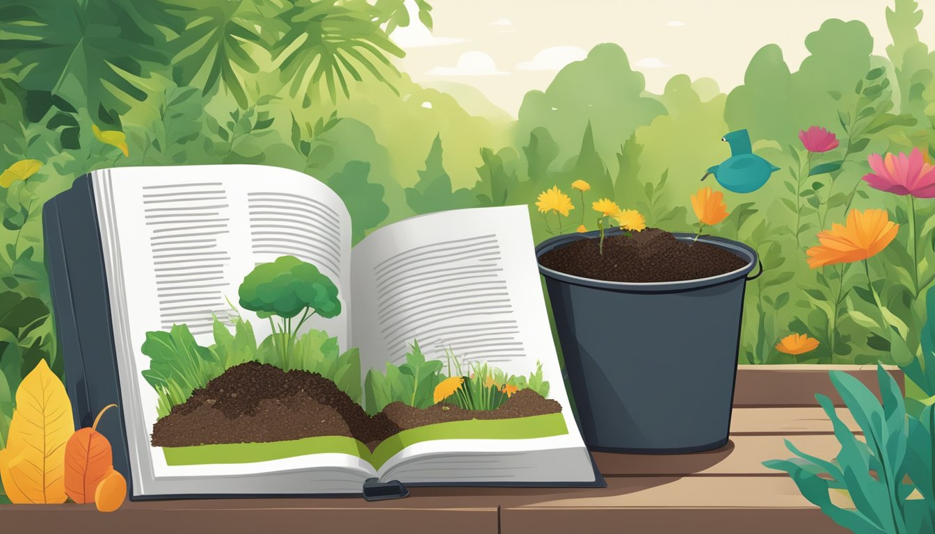 A colorful guidebook with composting tips and illustrations, set against a backdrop of lush greenery and a compost bin