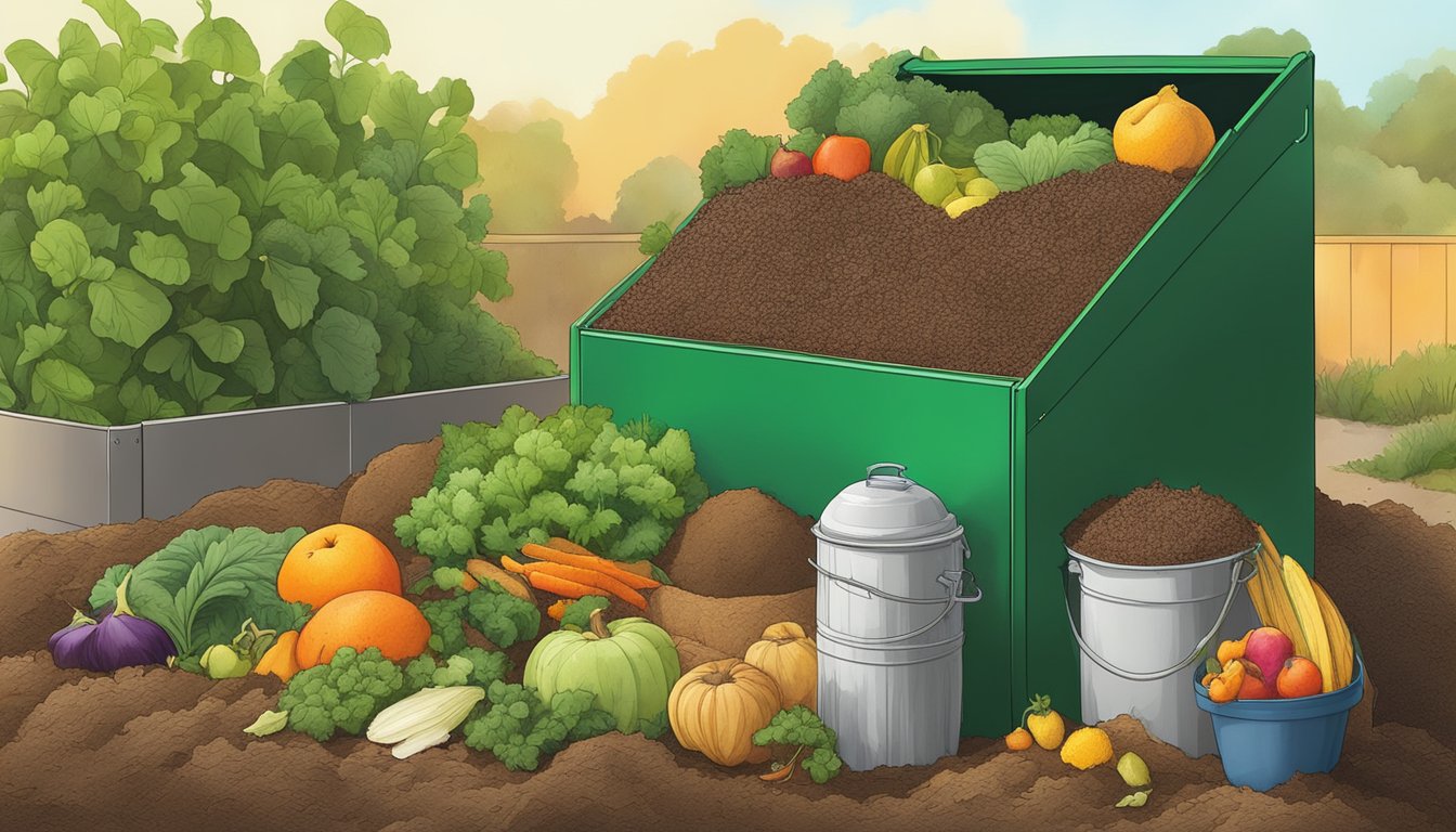 A variety of organic materials, such as fruit and vegetable scraps, coffee grounds, and yard waste, are piled together in a compost bin in Stockton, CA