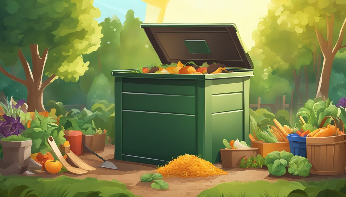 A backyard compost bin surrounded by a variety of food scraps, yard waste, and a shovel. The sun is shining, and there are trees and plants in the background