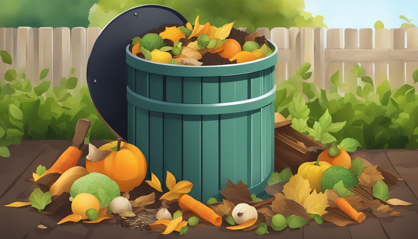 A backyard compost bin surrounded by a variety of organic materials, including fruit peels, vegetable scraps, and dried leaves, with a small shovel nearby