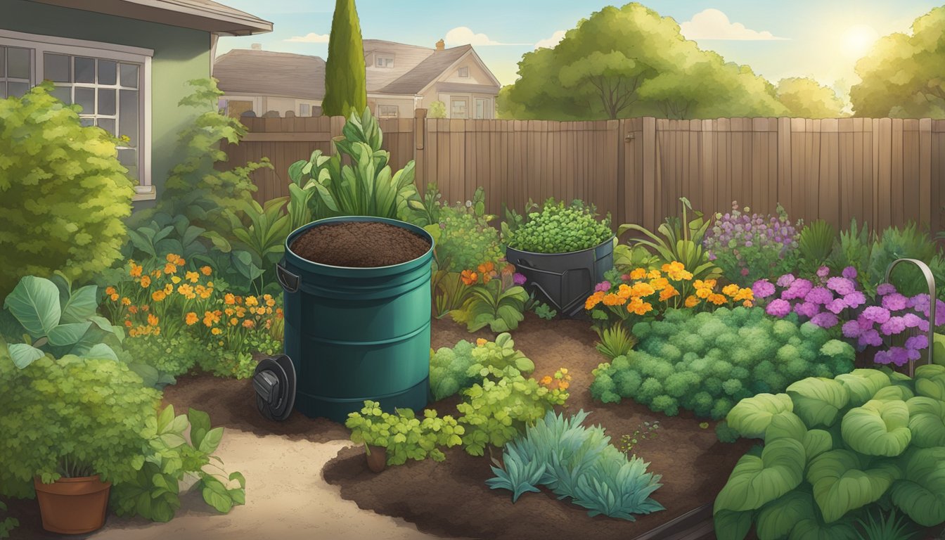 A lush garden in Stockton, CA, with a compost bin, gardening tools, and a variety of plants thriving in the nutrient-rich finished compost