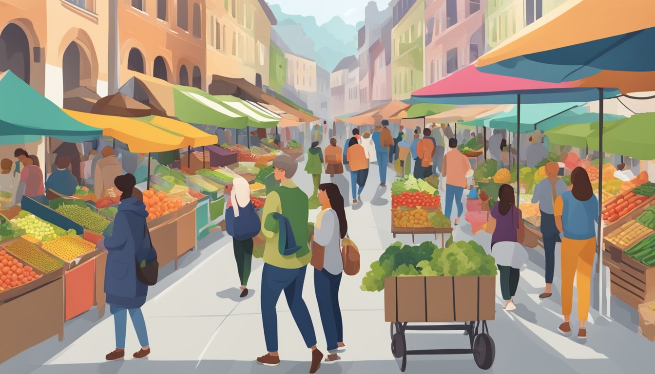 A bustling outdoor market with colorful stalls offering fresh fruits, vegetables, and organic snacks. People stroll past, sampling and purchasing healthy options