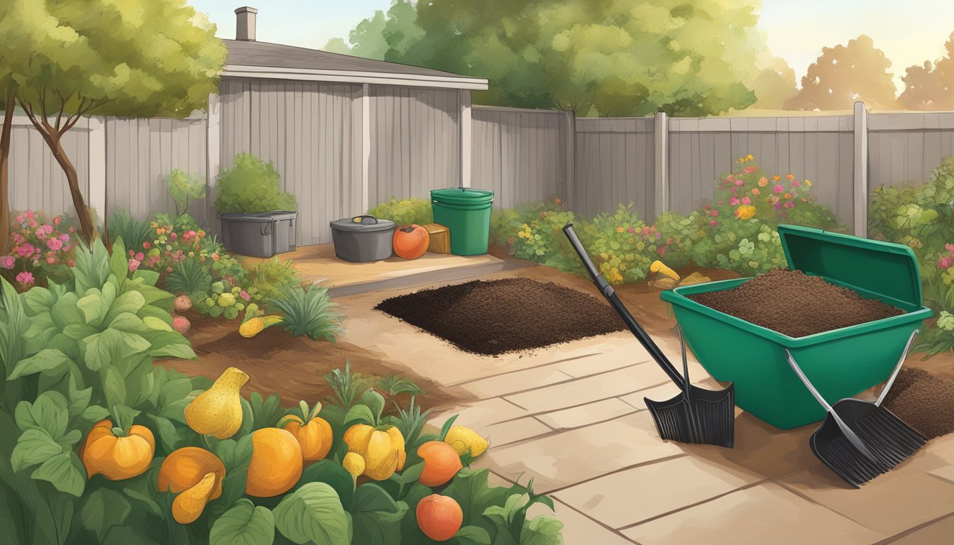 A backyard in Stockton, CA, with a compost bin surrounded by various organic materials like fruit peels, leaves, and grass clippings. A shovel and gardening gloves are nearby