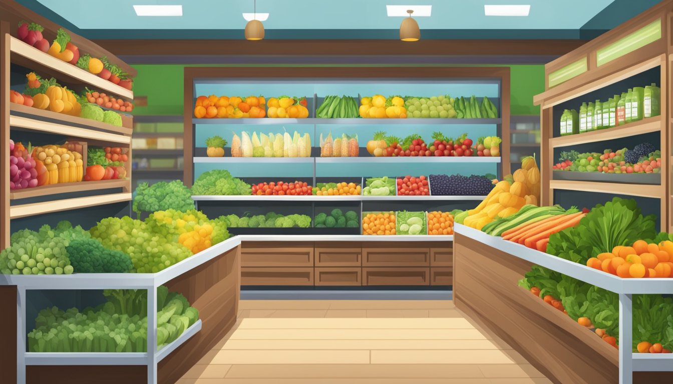 A bright and inviting storefront with a variety of fresh produce, colorful fruits and vegetables, and shelves stocked with organic and natural food products