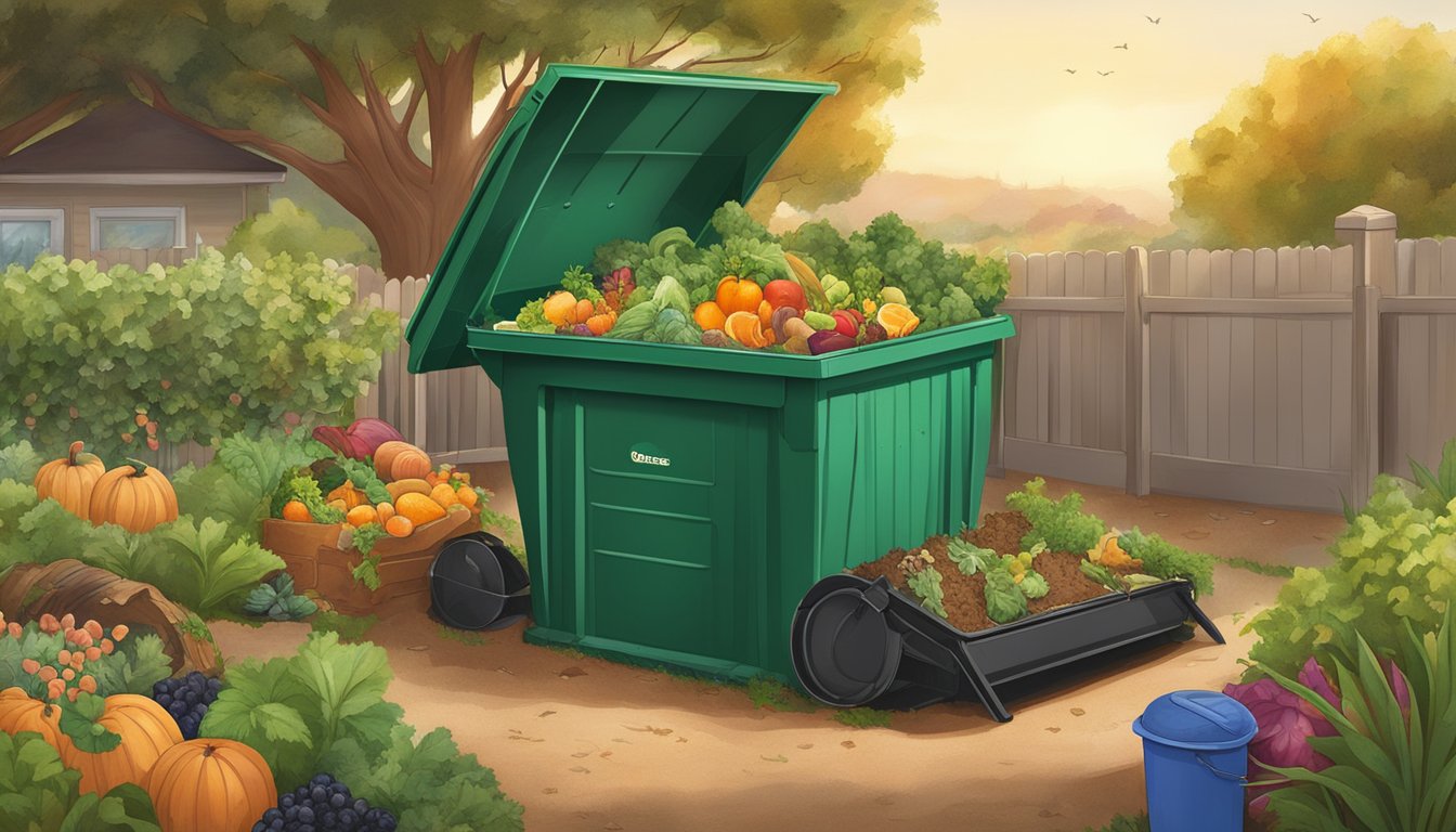 A backyard composting bin surrounded by a variety of organic waste, including fruit and vegetable scraps, leaves, and grass clippings, with a sunnyvale, ca landscape in the background