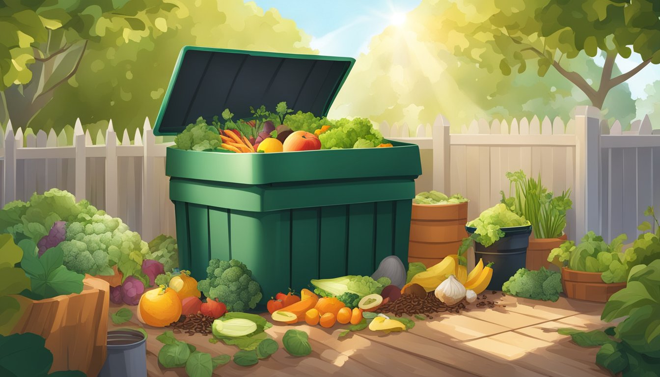 A backyard compost bin surrounded by a variety of organic materials, including fruit and vegetable scraps, leaves, and grass clippings. Sunshine beams down on the scene