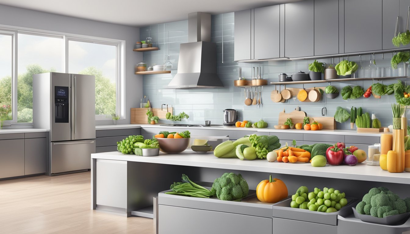 A modern kitchen with a variety of fresh fruits and vegetables, alongside high-tech kitchen appliances and gadgets