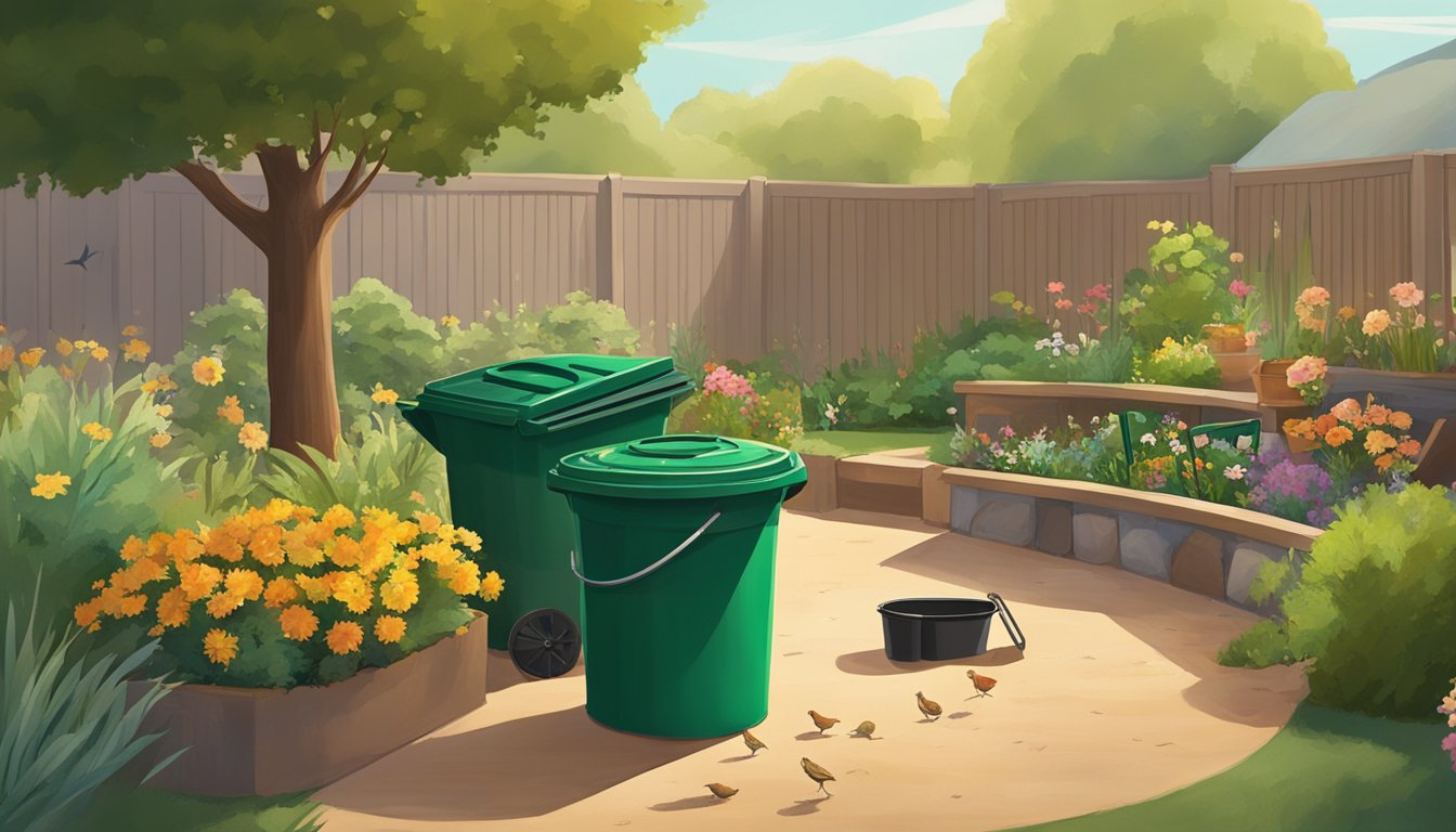 A backyard in Simi Valley, CA with a compost bin, garden tools, and various organic materials scattered around. The sun is shining and birds are perched on nearby trees