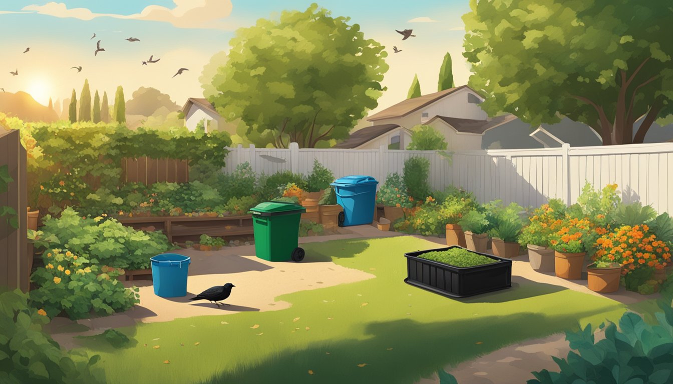 A backyard in Simi Valley, CA with a compost bin surrounded by green waste, kitchen scraps, and yard trimmings. The sun is shining, and birds are chirping in the background