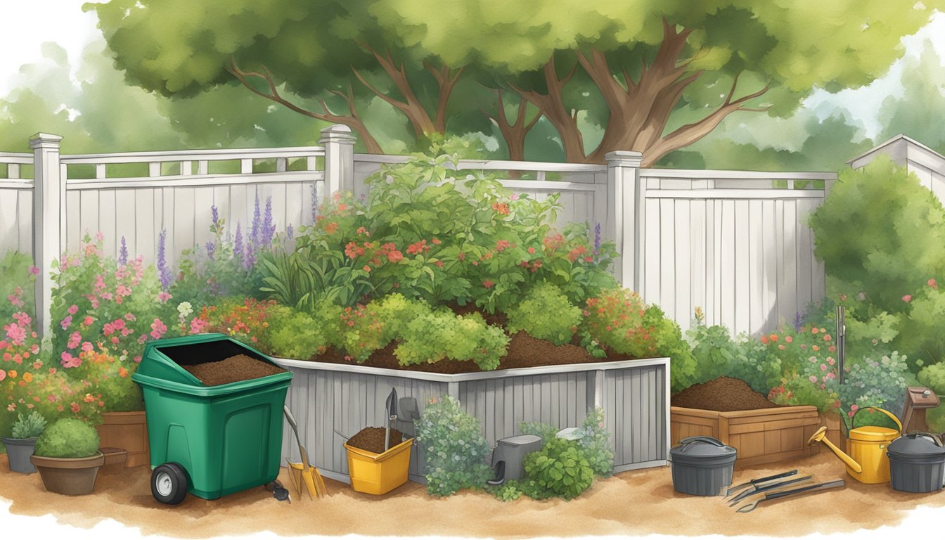 A backyard compost bin surrounded by greenery and garden tools in Thousand Oaks, CA