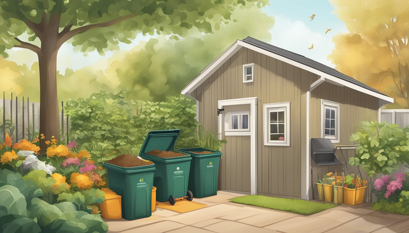 A sunny backyard with a compost bin, yard waste, and food scraps being added. A small sign with composting guidelines is posted nearby