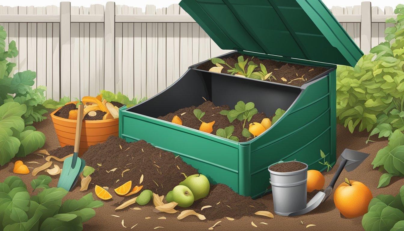 A backyard compost bin surrounded by various organic materials such as fruit peels, vegetable scraps, and yard waste. A shovel and gardening gloves are nearby