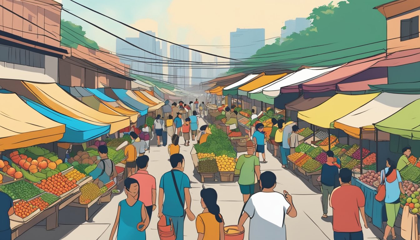 A bustling outdoor market in Metro Manila, filled with colorful stalls selling fresh fruits, vegetables, and other healthy food options. Busy shoppers are seen browsing the various offerings