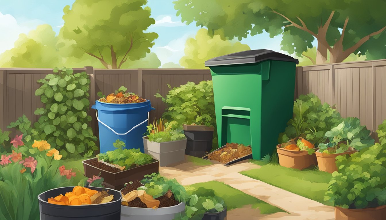 A backyard with a compost bin surrounded by green plants and a variety of food scraps and yard waste