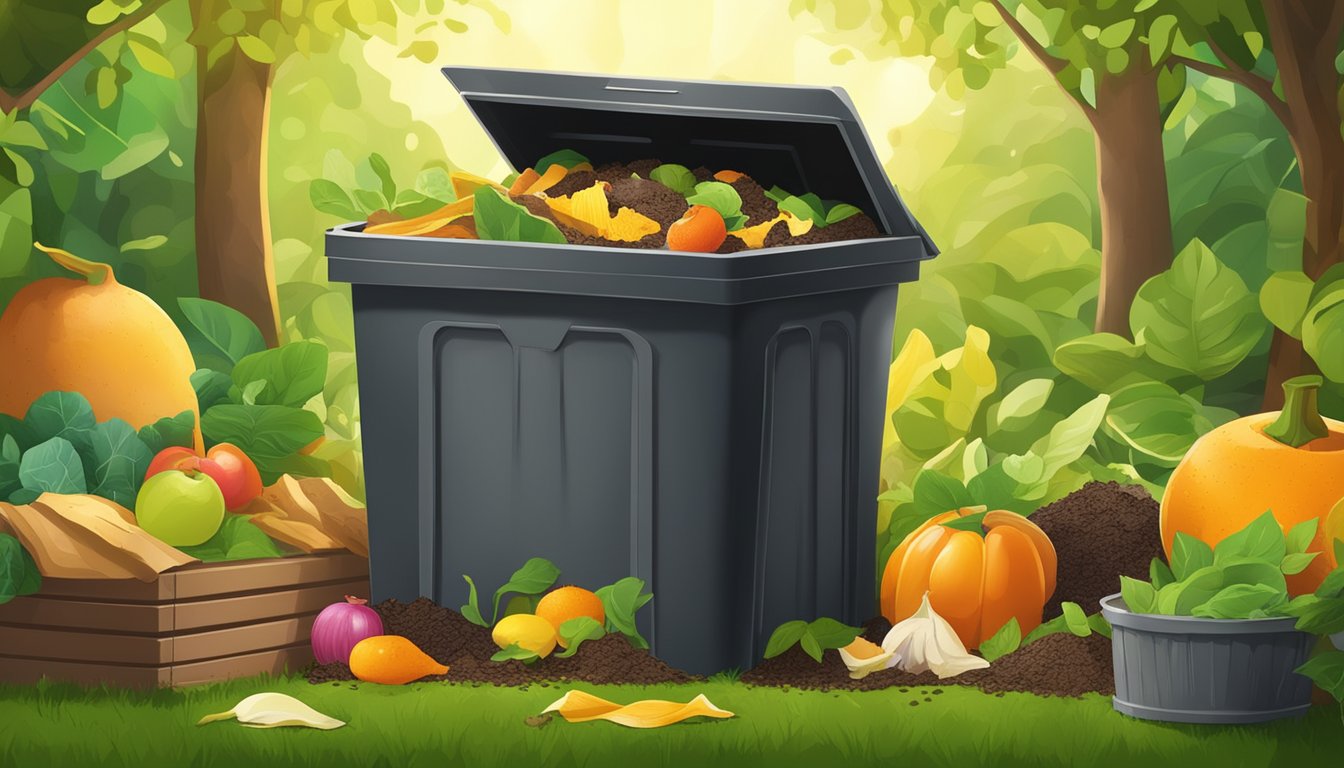 A backyard compost bin surrounded by a variety of organic waste, including fruit peels, vegetable scraps, and coffee grounds. The sun shines down on the lush greenery of the garden