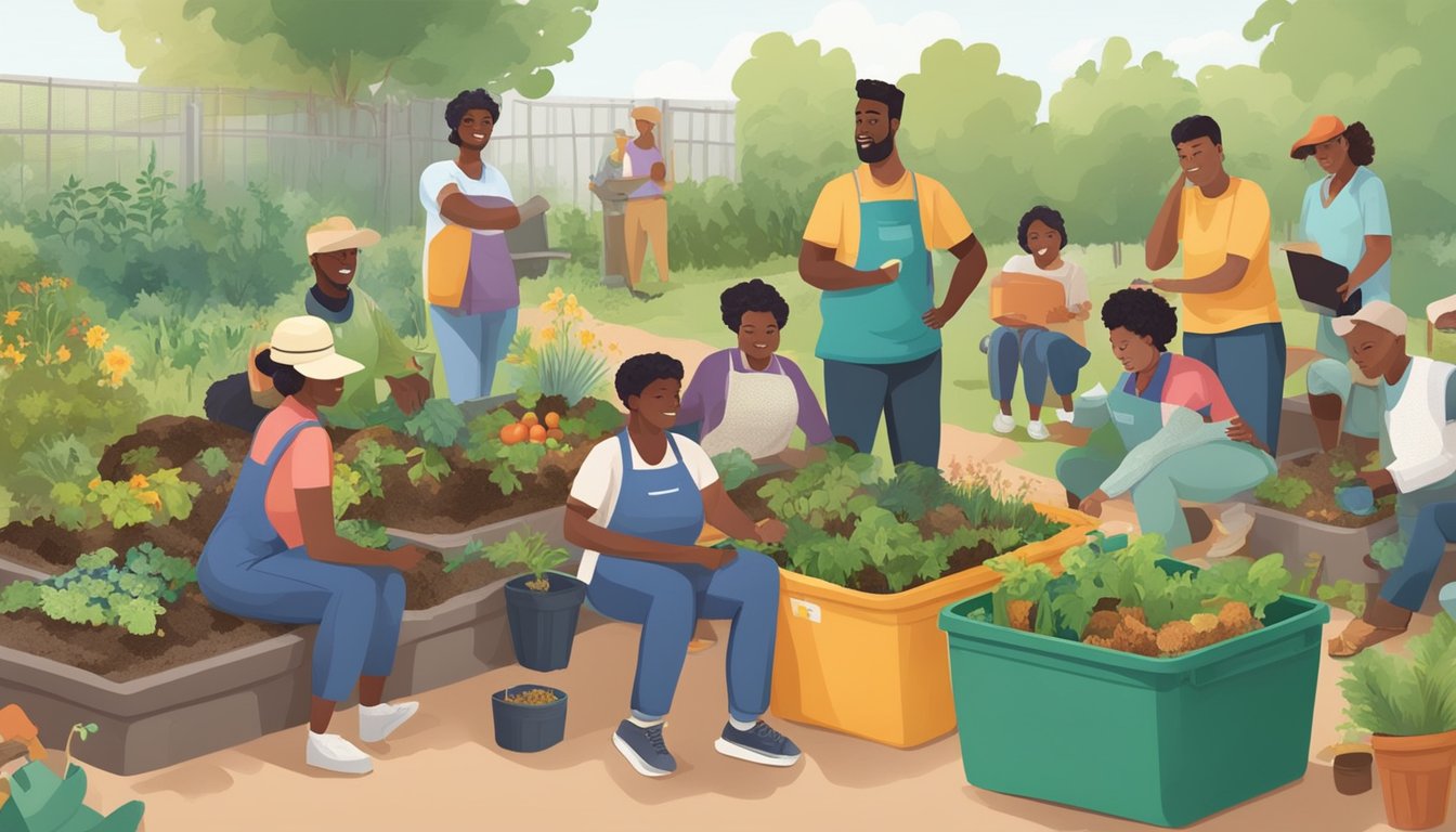 A diverse group of residents gather in a community garden, learning and participating in composting activities under the guidance of an educator