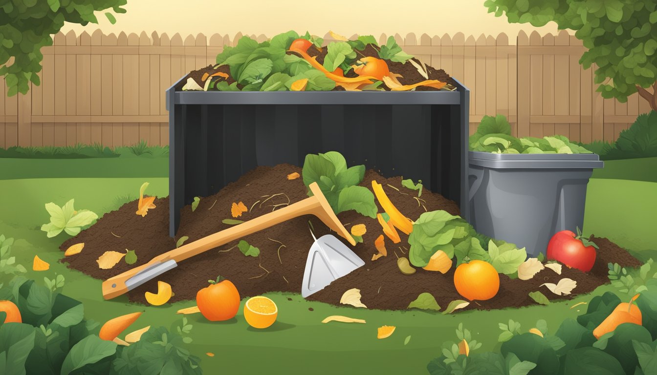 A backyard compost bin surrounded by a variety of organic waste, including fruit peels, vegetable scraps, and yard clippings. A shovel and gardening gloves lay nearby