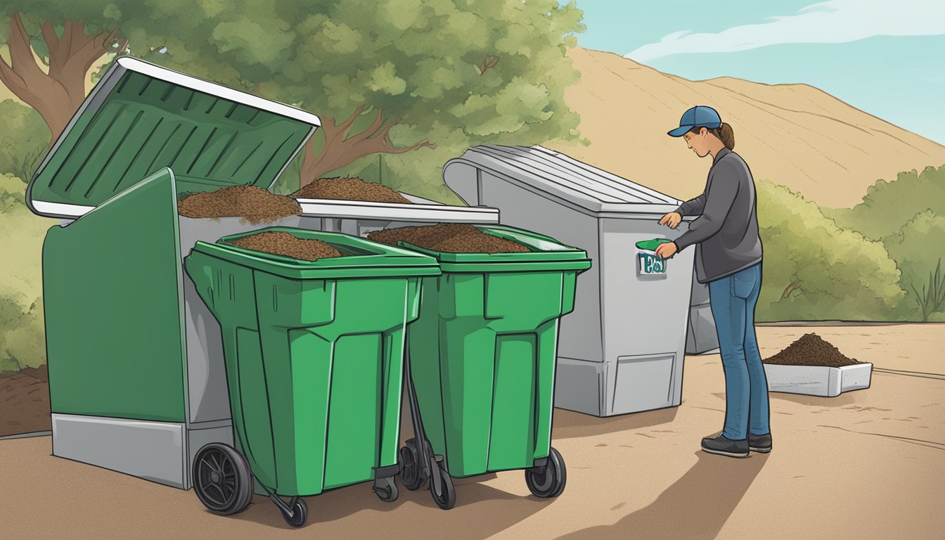 A person placing non-compostable waste in a designated trash bin next to a composting area in Thousand Oaks, CA