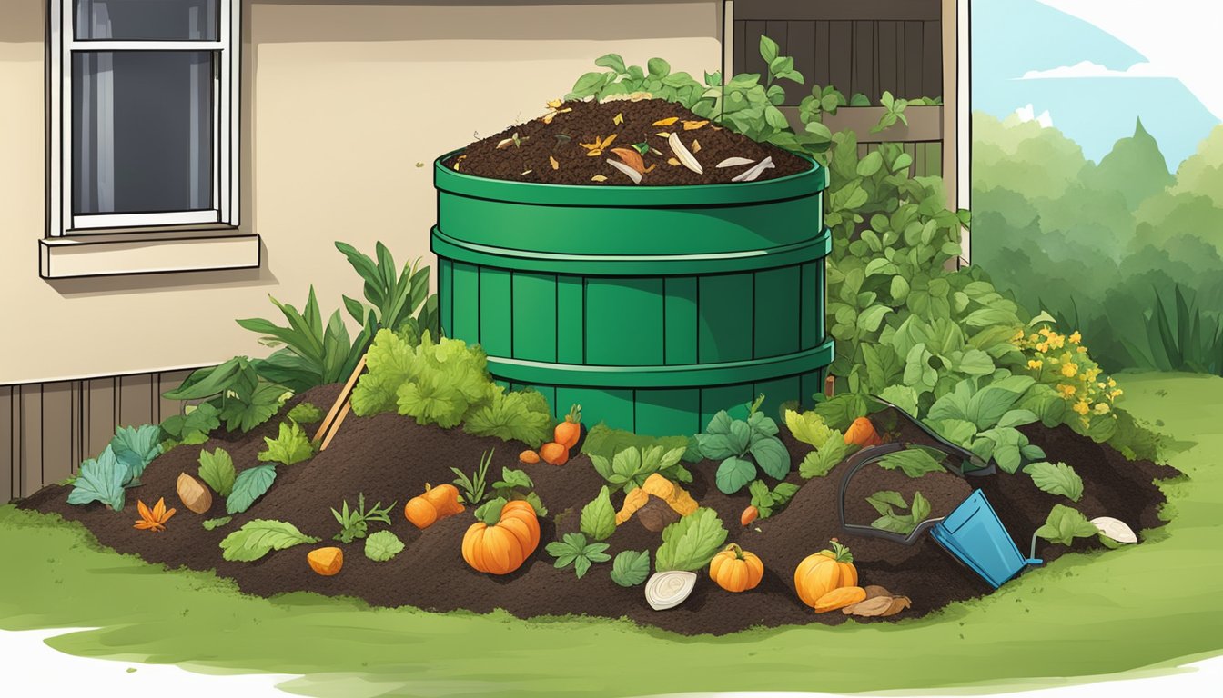 A backyard compost bin surrounded by lush greenery and various types of organic waste being added to the pile