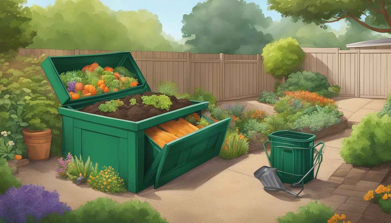 A backyard compost bin surrounded by greenery and garden tools in Thousand Oaks, CA